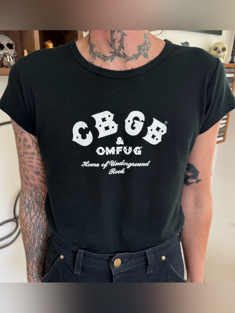 Vintage 90s CBGB Punk Rock Black Graphic Women's Baby Tee ~ Size Large